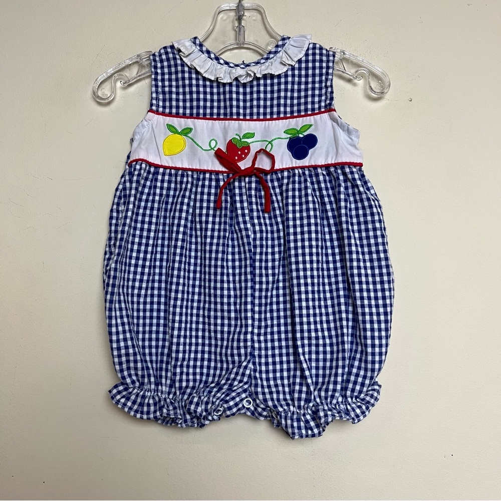 VTG Baby Togs Girls Gingham Bubble Romper White Blue Embroidered Fruit Bib 3-6 M